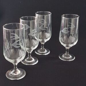 VINTAGE Etched Glass Tropical Fish Stemware Goblets Beer Cocktail Set 4 12oz